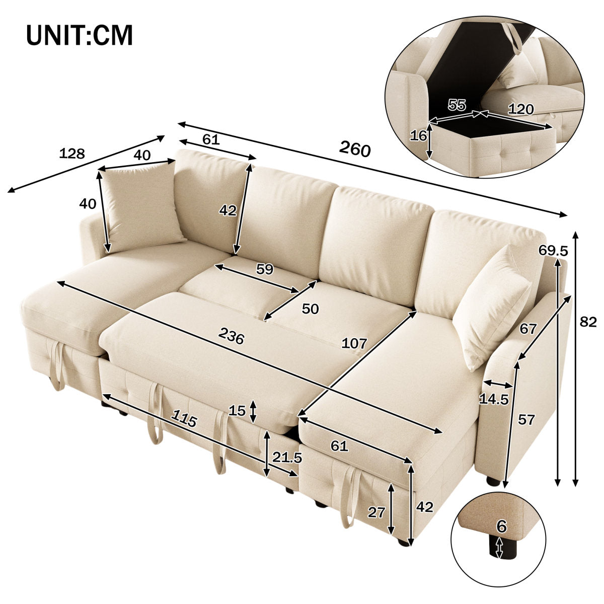 Modern Luxury Chenille U-Shaped Sectional Sofa With 2 Storage Chaise Lounges, 2 Square Cushions, Convertible Corner Sleeper Chair Bed, Comfy Couch For Living Room, Beige,  260 X 128 X 82 Cm