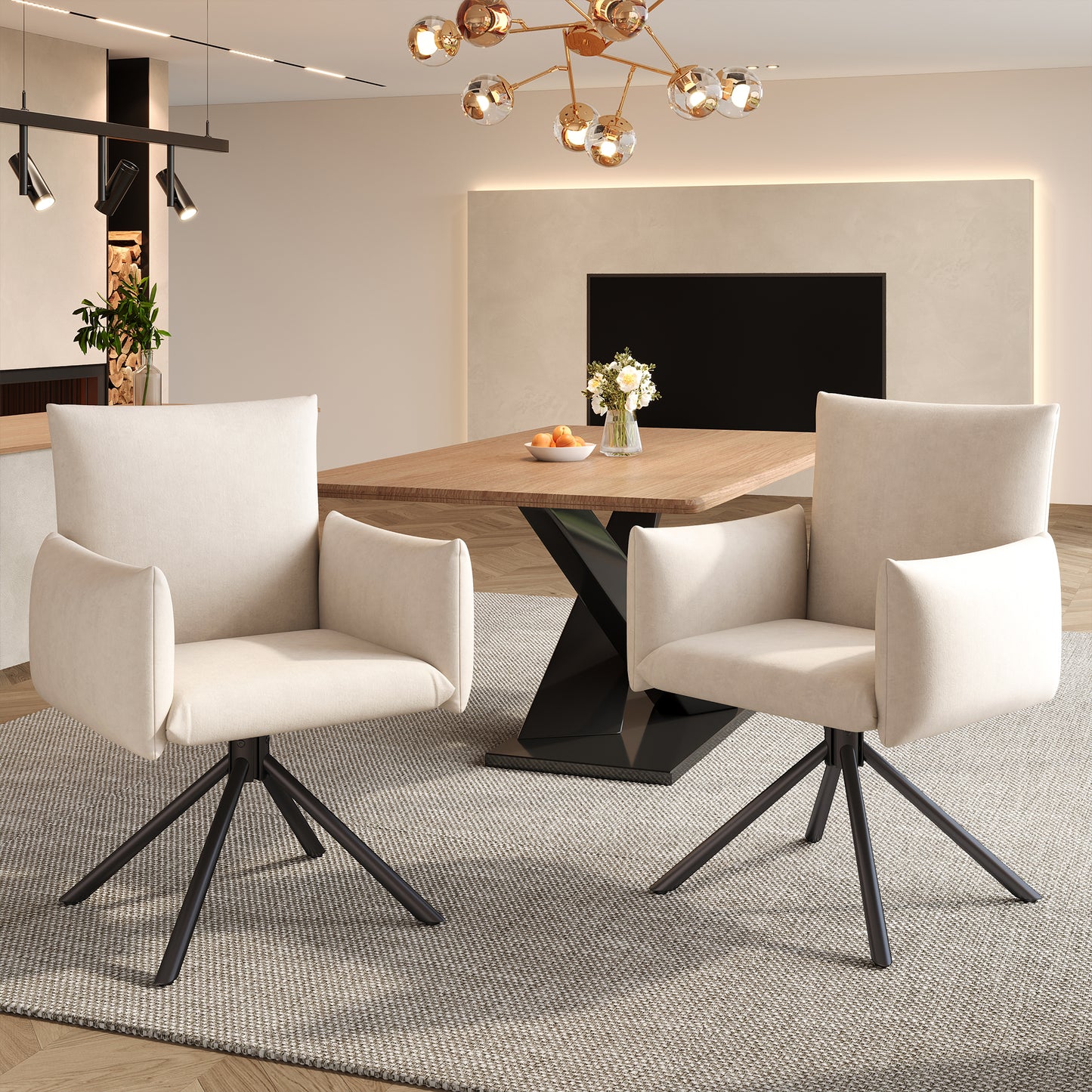 Two Dining Chairs Set, Upholstered Armchair With 4 Metal Legs, 360 Casual Swivel Chair, Living Room Bedroom Chair, Work And Desk Chair, Lumbar Support, Velvet, Beige
