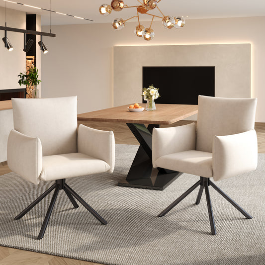 Two Dining Chairs Set, Upholstered Armchair With 4 Metal Legs, 360 Casual Swivel Chair, Living Room Bedroom Chair, Work And Desk Chair, Lumbar Support, Velvet, Beige