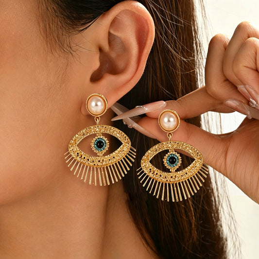 Cross-Border European And American Style Earrings, Personalized Devil's Eye Design With Full Diamond Inlay, Pearl Pendant Earrings, Versatile Ear Accessories