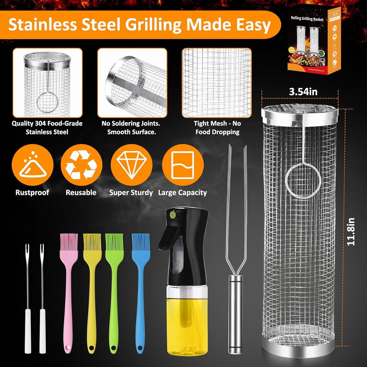 Rolling Grill Basket Grill Gifts For Men, 304 Stainless Steel, All-in-One Grilling Accessories For Vegetable Meat Food, Smoker BBQ Tools For Cooking Camping, Dad Husband Birthday Gifts