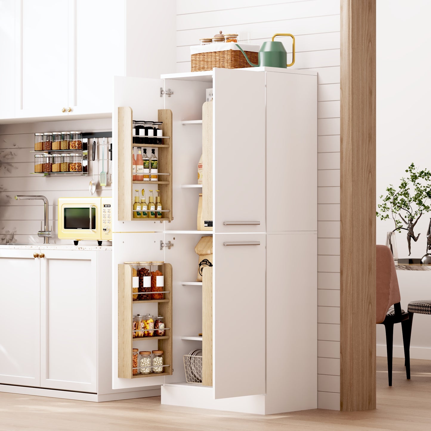 Kitchen Pantry Cabinet, White Tall Cabinet Glossy, 4-door Pantry Cabinet In Refrigerator Design, Height-adjustable Shelves, Large Kitchen Cabinet With Metal Handles, 76x42x180cm