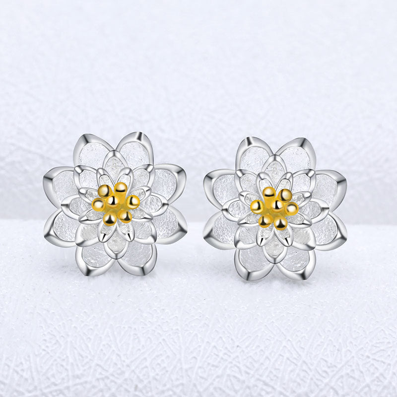 Silver Earrings Cat Lotus Flower Korean-style Fashionable Simple Silver Jewelry Ear Accessories