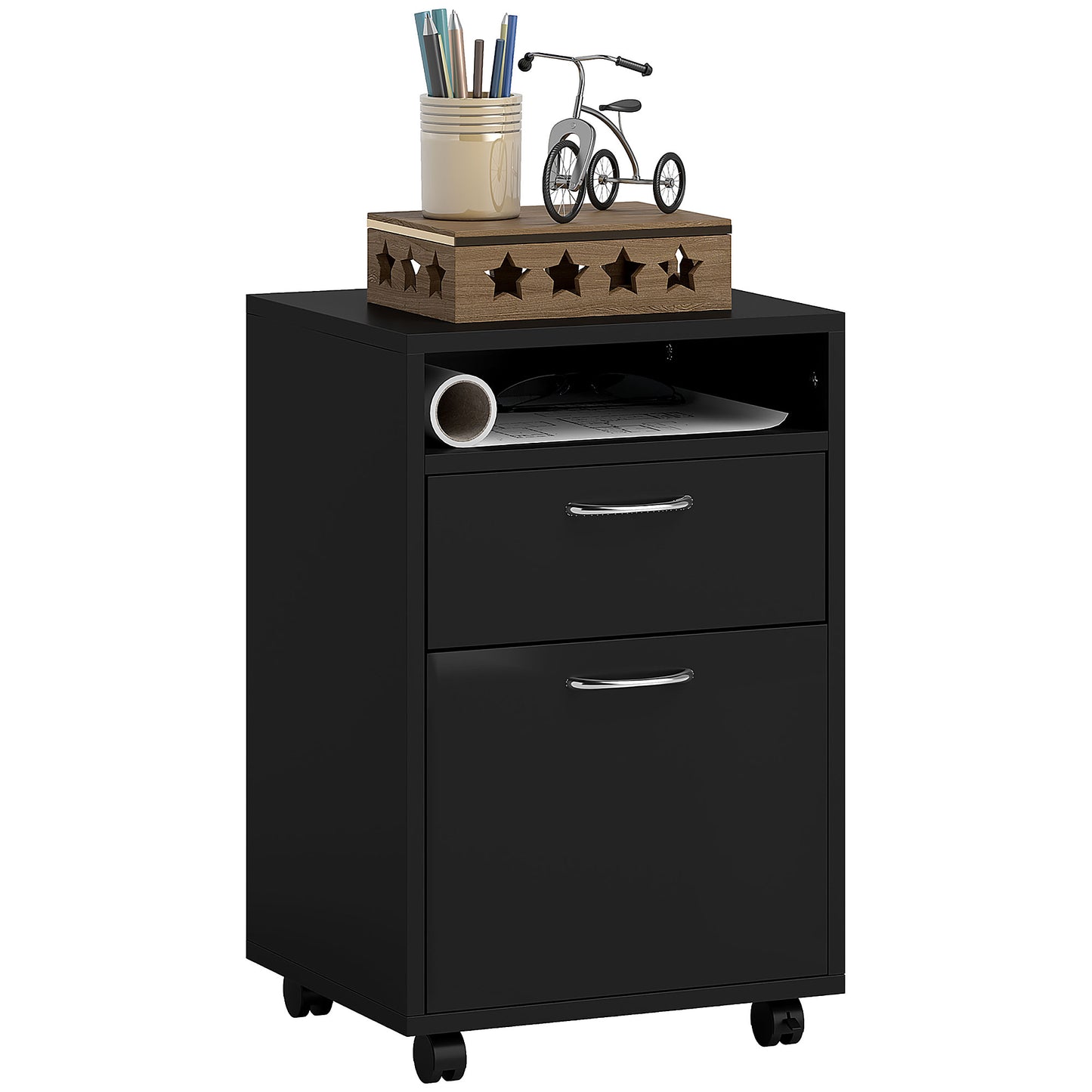 60cm Filing Cabinet With Drawer, Open Shelf, Metal Handles And 4 Wheels, Office Home Organiser Mobile Printer, Black