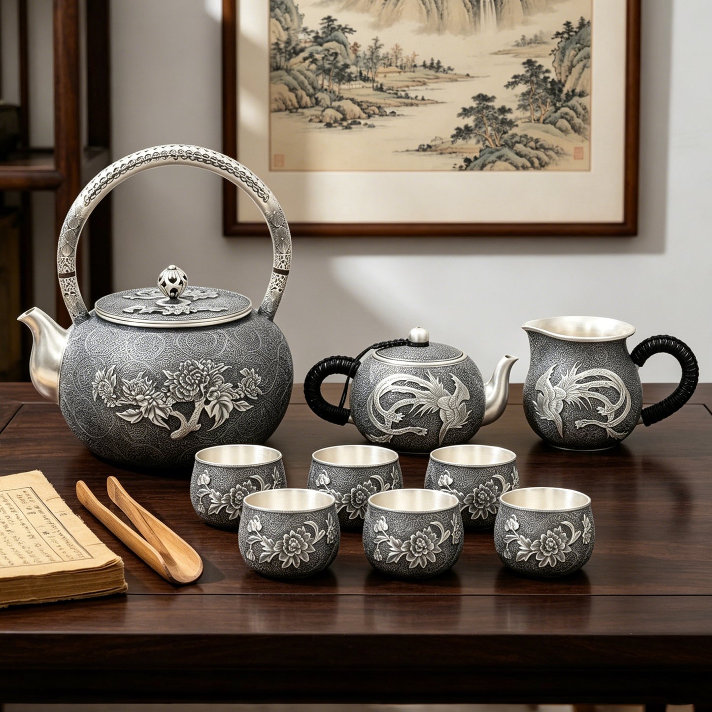 925 Sterling Silver Antique  Tea Set with Handcrafted Asian Artistry and Intricate Floral Phoenix Designs - Handicraft