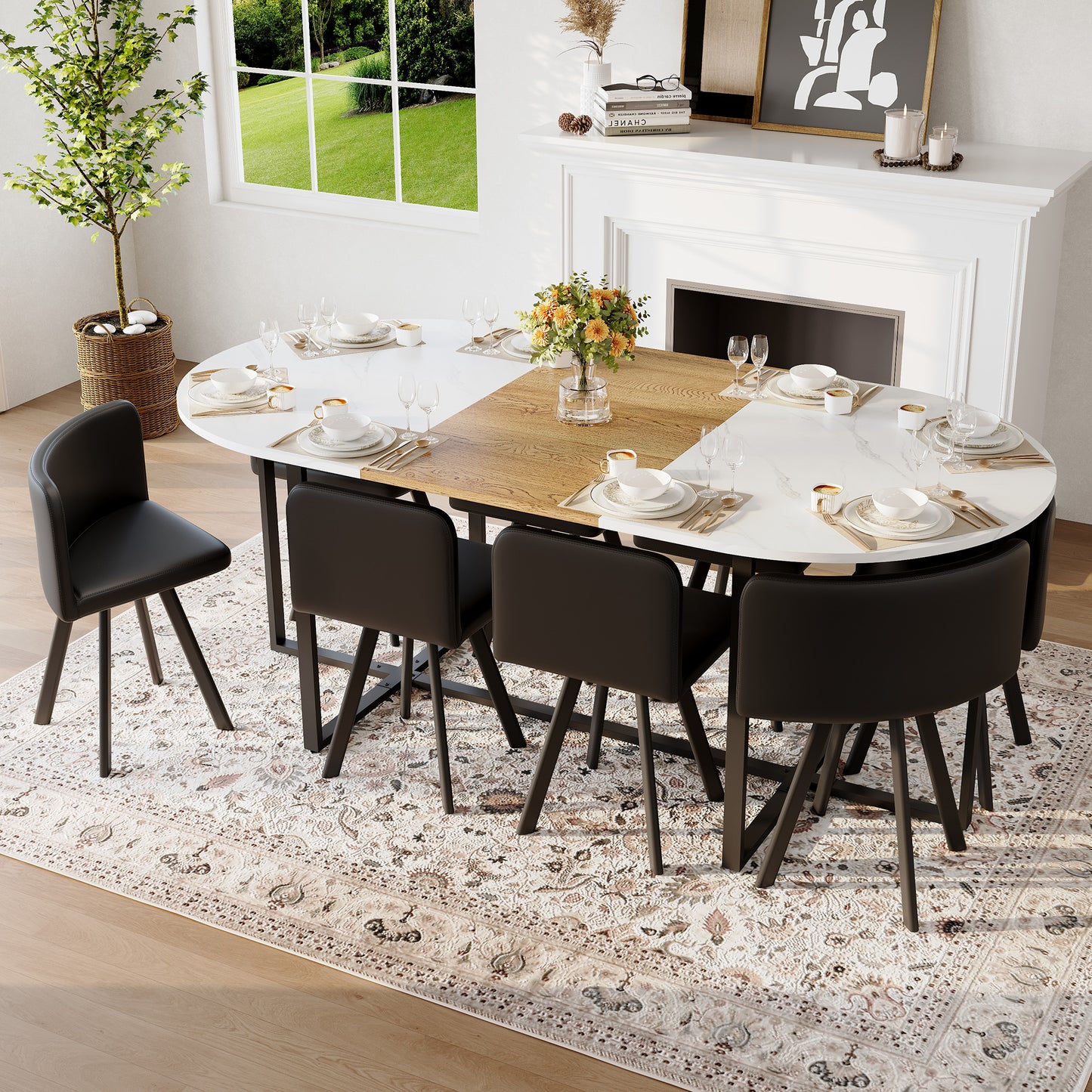 9-Piece Oval Dining Table Set, Fixed White Faux Marble & Wood Grain Triamine Tabletop With 8 Black PU Leather Chairs, Modern Kitchen Table Set For 8 People, Ideal For Family Gatherings, Dining Room