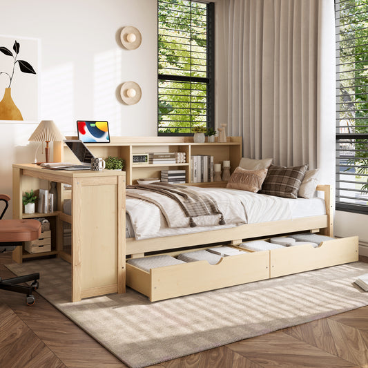 Twin Size Corner Daybed With Storage Drawers & Desk & Charging Port & Bookcase Of Natural Color