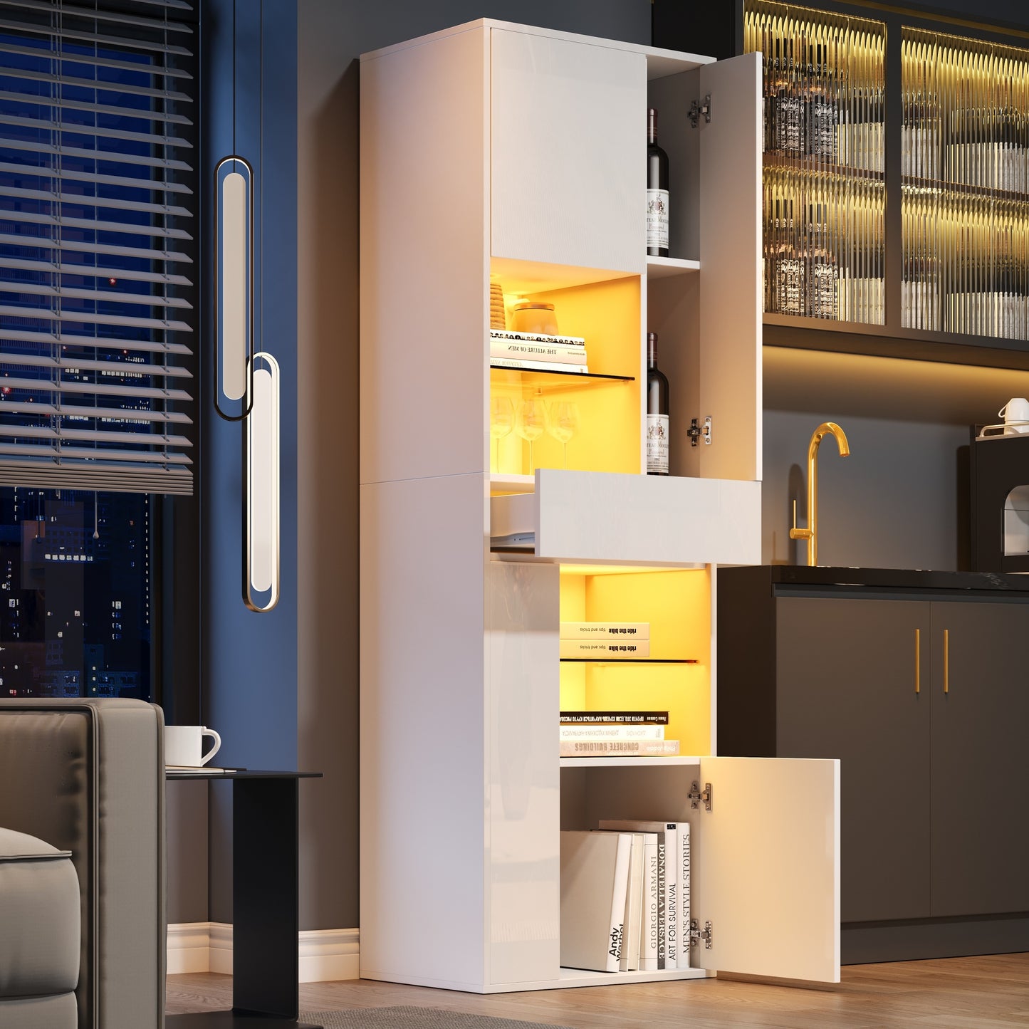 55x38x170cm Display Cabinet, Tall Cabinet With 1 Drawer And 4 Cabinets,Glass Display Cabinet Display Cabinets With LED Lighting, Display Cabinets With High Gloss Design,Living Room Cabinets, Display C