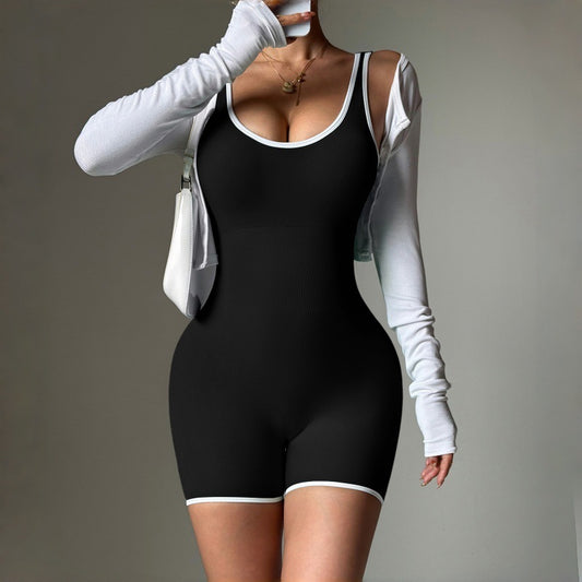 Contrast-Color Sexy U-Back Yoga Body-Shaping Jumpsuit For Workout And Fitness