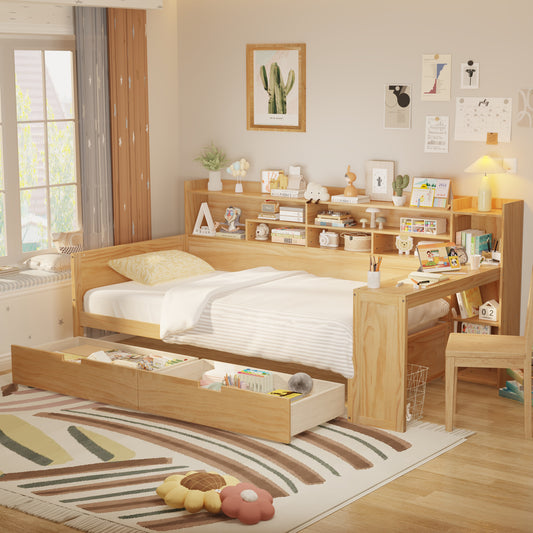 Wooden Twin Size Daybed With Storage Shelves, Multi-functional Bed With 2 Storage Drawers And  Study Desk, Natural