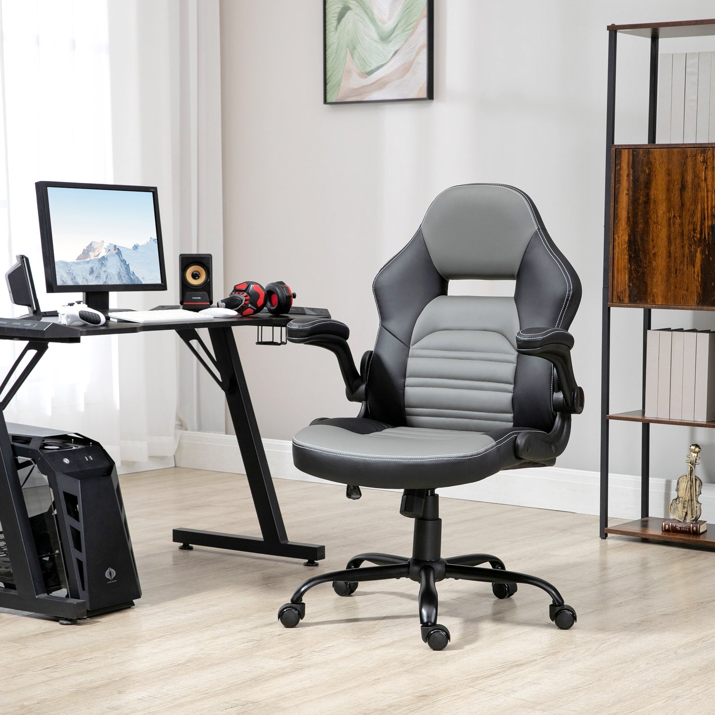 PU Leather Gaming Chair with Flip-up Armrests, Racing Style Computer Chair, Height Adjustable Home Office Chair with Swivel Wheels and Tilt Function, Gray