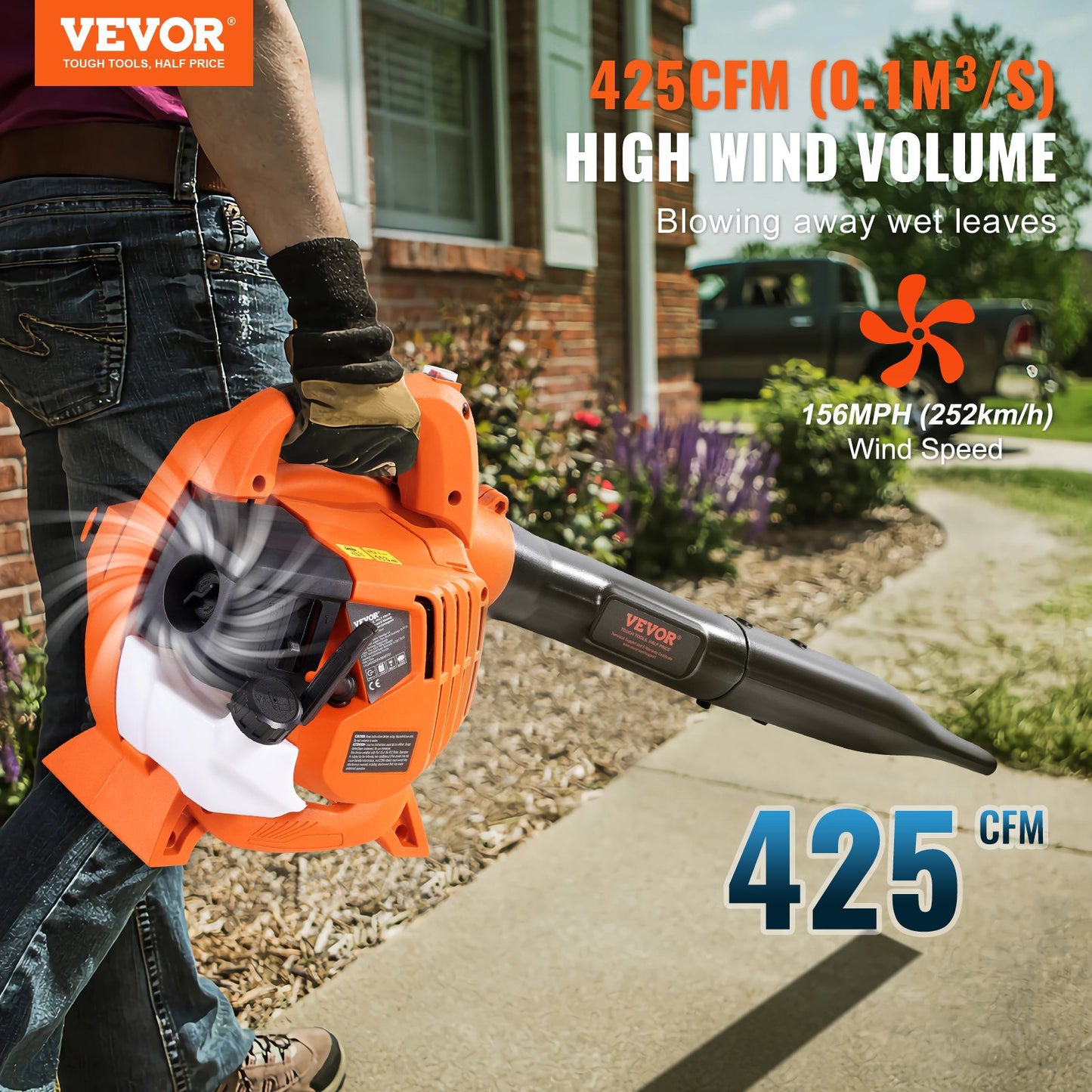 Leaf Blower, 26CC 2-Cycle Handheld Leaf Blower, 2-in-1 Blower 425CFM Air Volume 156MPH Speed, Ideal For Lawn Care, Leaf Cleaning, And Snow Removal
