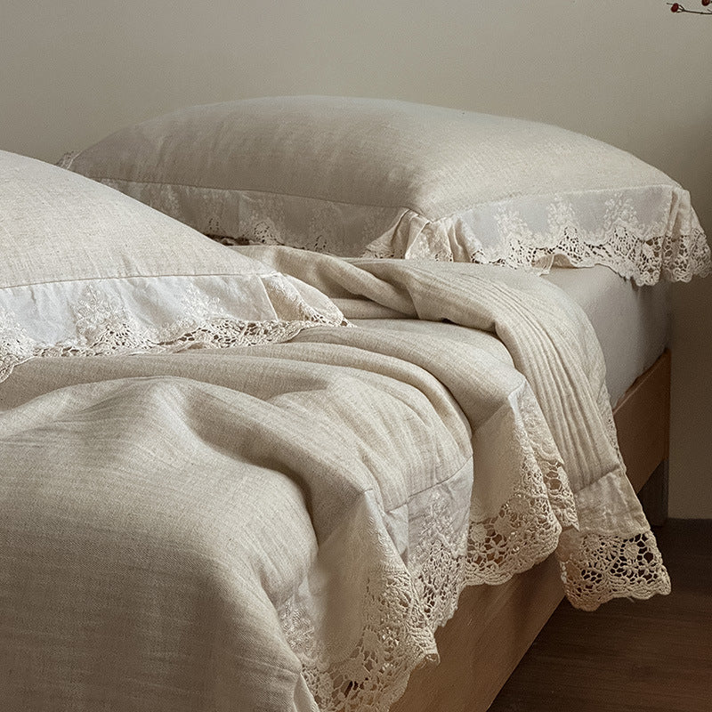 French Herringbone Jacquard Cotton-linen Double Bed Washable Summer Cooling Quilt With Lace Trim