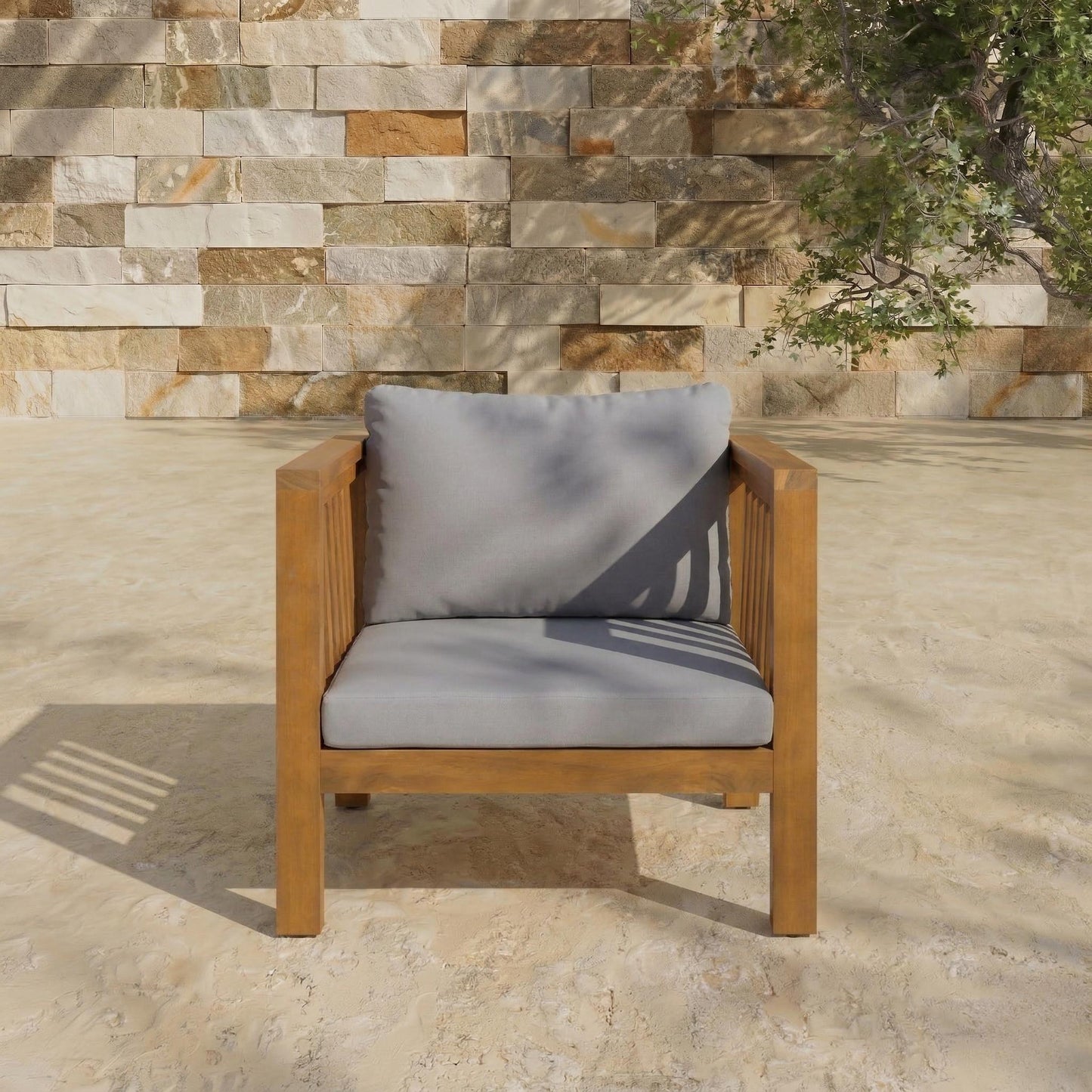 Outdoor Acacia Wood Club Chair With Modern Square Arms, Patio Chair With Thick Cushion, Adjustable Leveling Feet For Poolside,  Deck, Grey Cushion