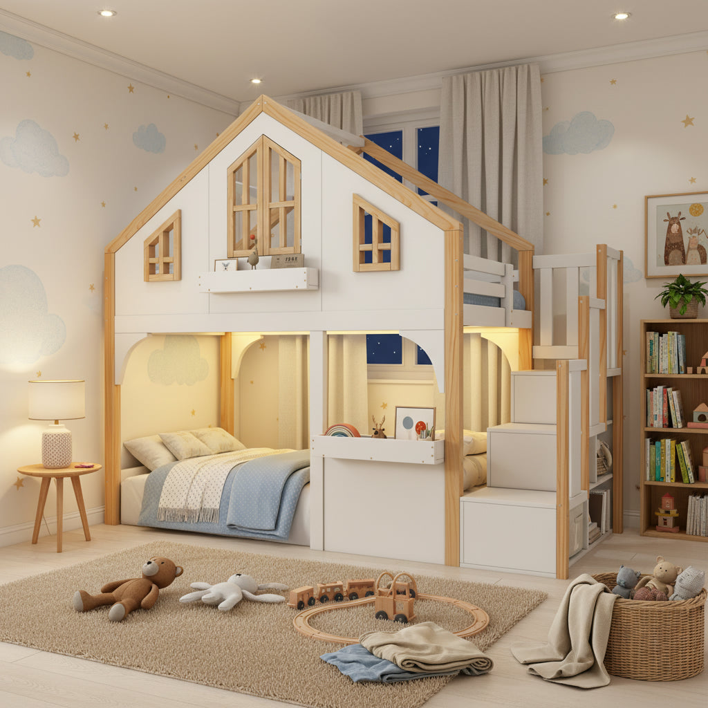 Bunk Bed, Loft Bed, Children's Bed, Wooden Bed, House Bed 3ft-90x190cm With LED Lighting And Storage Stairs, Window-shaped, White  Natural Color