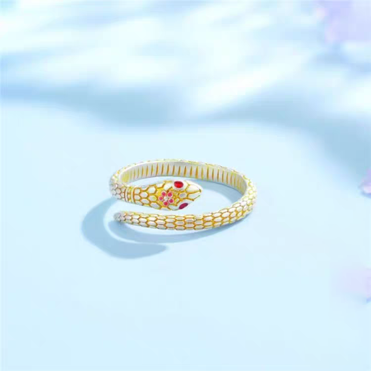 1pc 999 Sterling Silver Gold-Plated Enamel Peach Blossom Snake Open Ring, Retro & Elegant Style, Perfect For Daily, Dating & Gifting, Ideal Valentine's Gift
