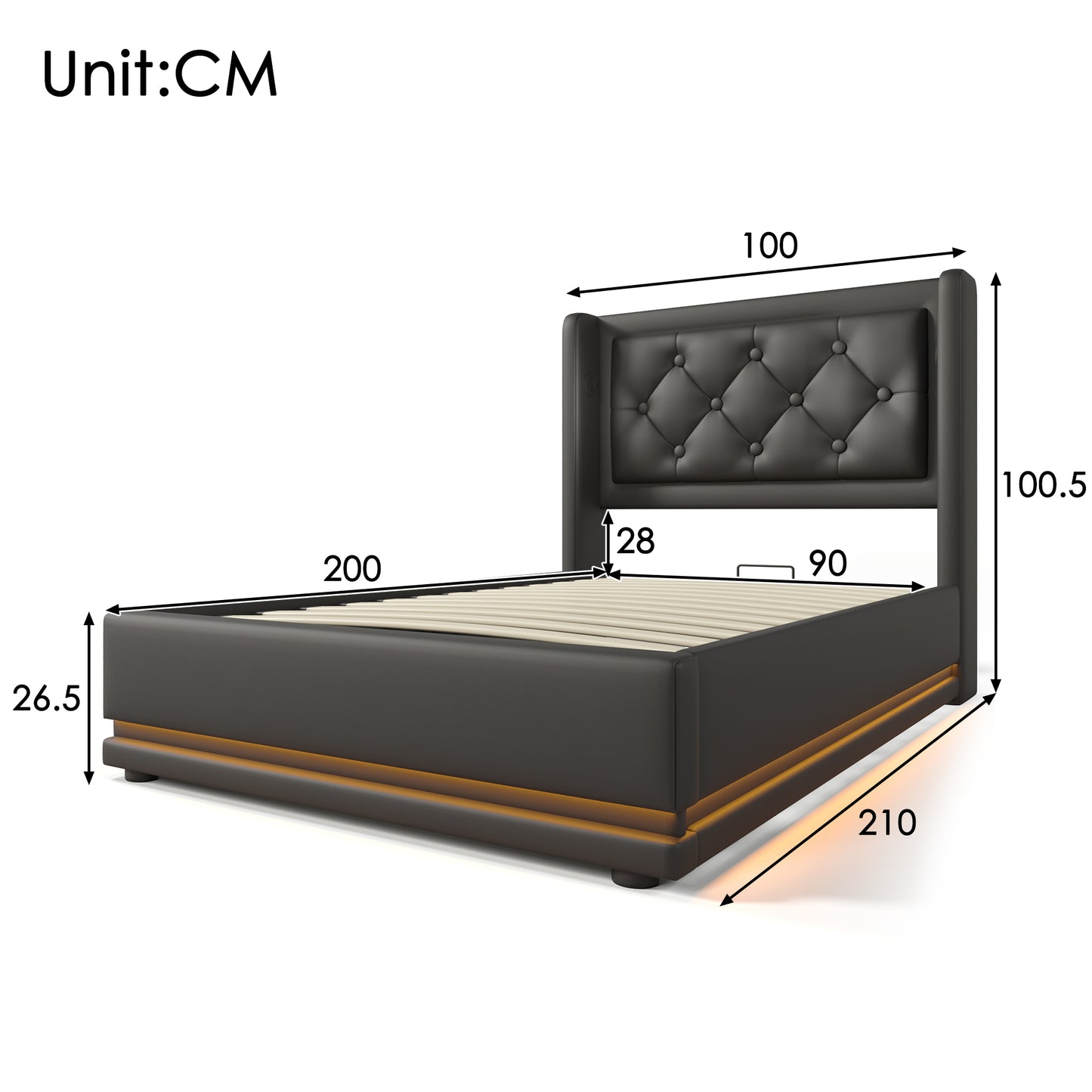Sofa Bed Single Bed 90x200 Cm, Black PU Material Hydraulic Storage Bed, Cushioned Headboard With USB Type-C Charging Function, 3-sided LED Function  Without Mattress