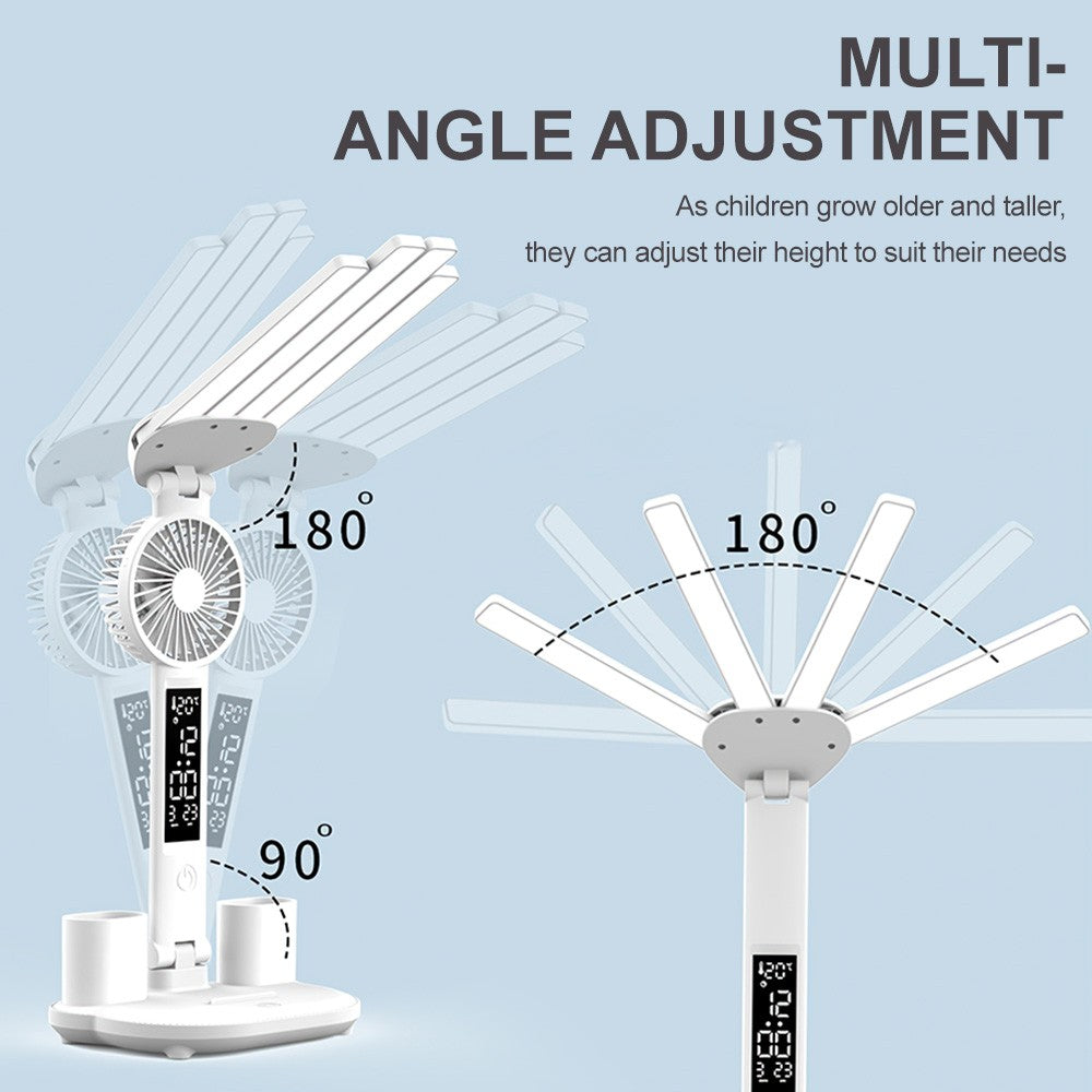 4-Head LED Desk Reading Lamp With Fan Clock Dimmable Rechargeable Touch Light