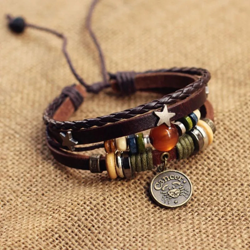 1pcs Multi-Layer Braided Leather Wooden Bead Star Zodiac Charm Adjustable Bracelet, Retro Boho Ethnic Style, For Men Women Daily Campus Travel & Constellation Holiday Gifts