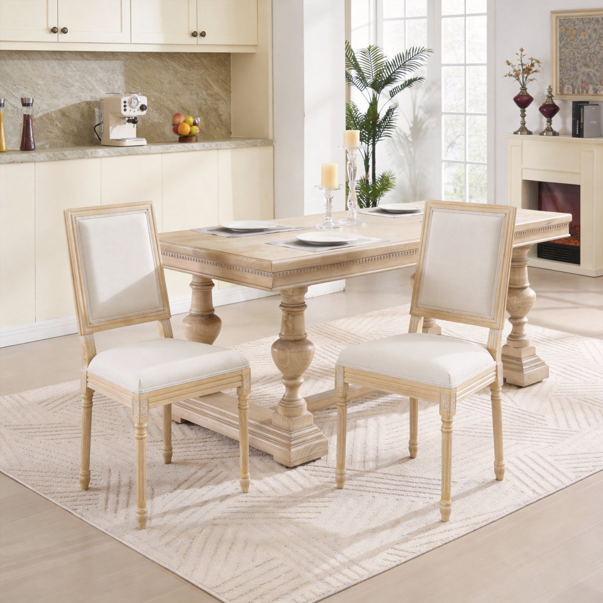 French Country Dining Chairs Set of 2, Upholstered  Chairs with  Square Back, Wire drawing and carving techniques ,Disassemblable ,  for Living Room, Kitchen , Restaurant Use, Beige
