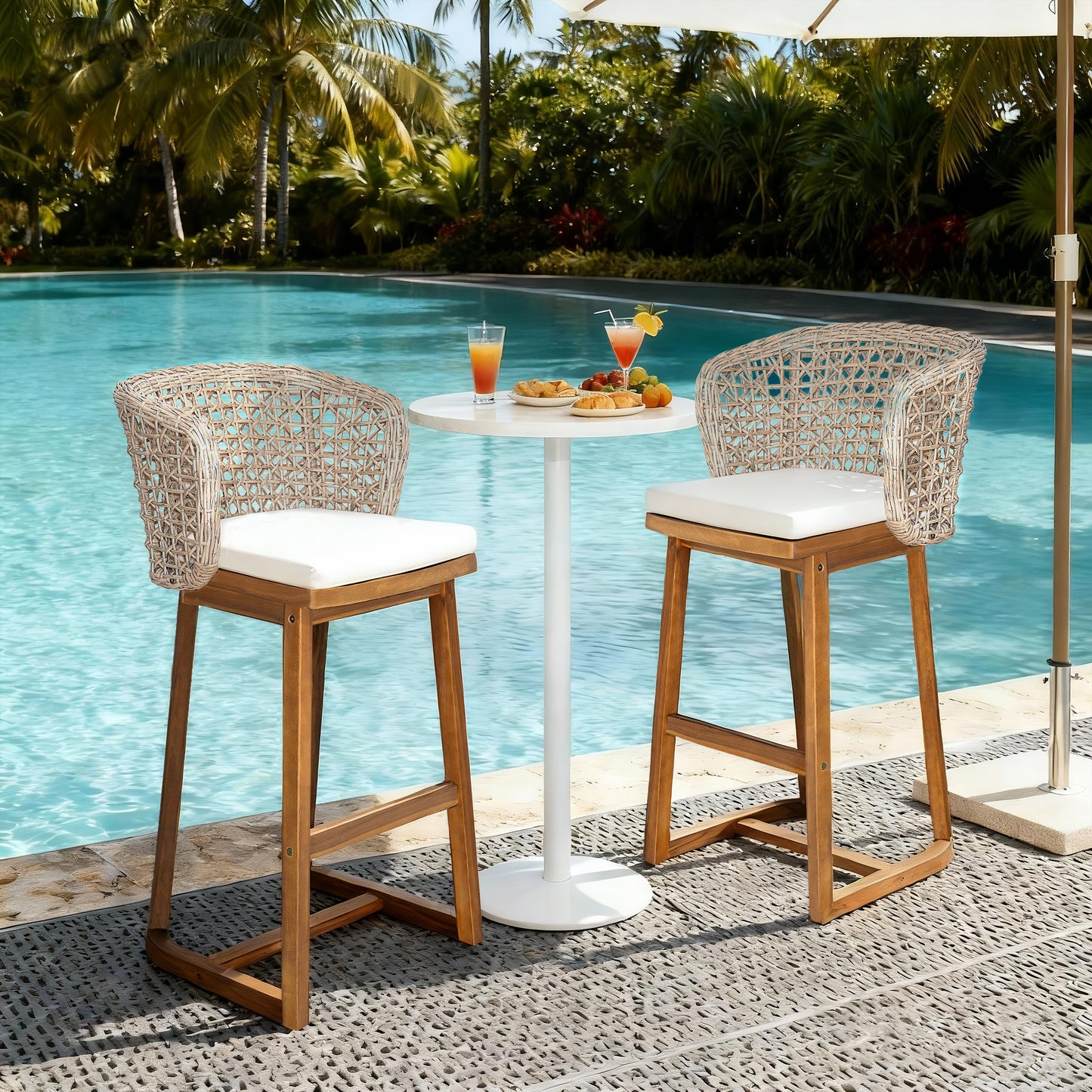 Outdoor Acacia Wood Bar Stools  Set Of 2 , Teak Finish Bar Height Chairs With Beige Cushion & Light Brown Wicker Back, Counter Height Stools For Patio, Poolside, Kitchen Island