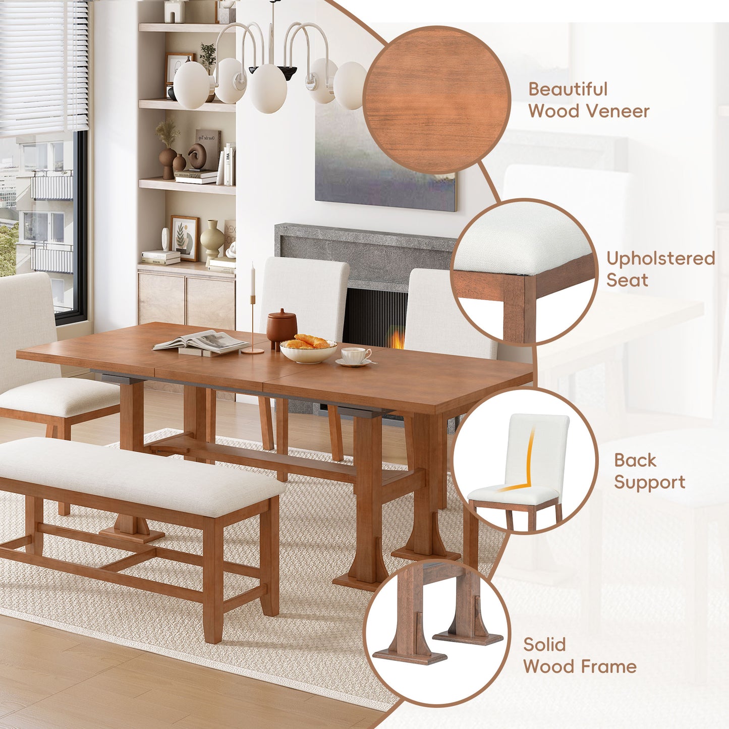 TOPMAX Farmhouse 76inch 6-Piece Extendable Dining Table Set Trestle Kitchen Table Set With 18inch Removable Leaf And Upholstered Dining Chair And Bench For Dining Room, Brown Ivory
