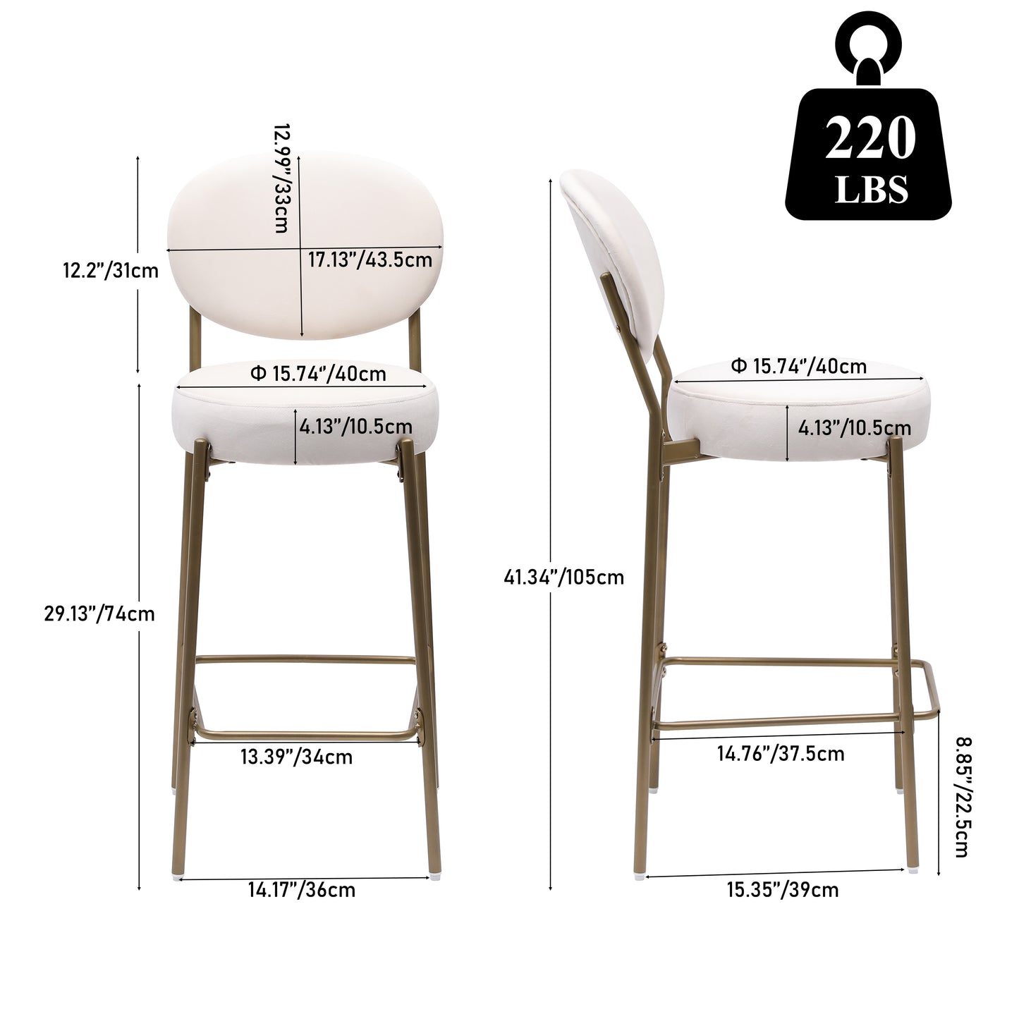 29  Upholstered Bar Stools Velvet Counter Stool With Backrest & Footrest Set Of 2 Round Dining Chairs For Kitchen Creamy White