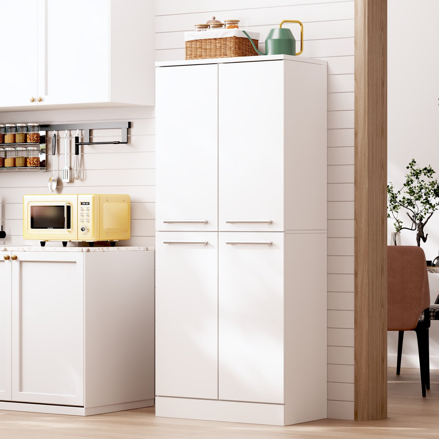 Kitchen Pantry Cabinet, White Tall Cabinet Glossy, 4-door Pantry Cabinet In Refrigerator Design, Height-adjustable Shelves, Large Kitchen Cabinet With Metal Handles, 76x42x180cm