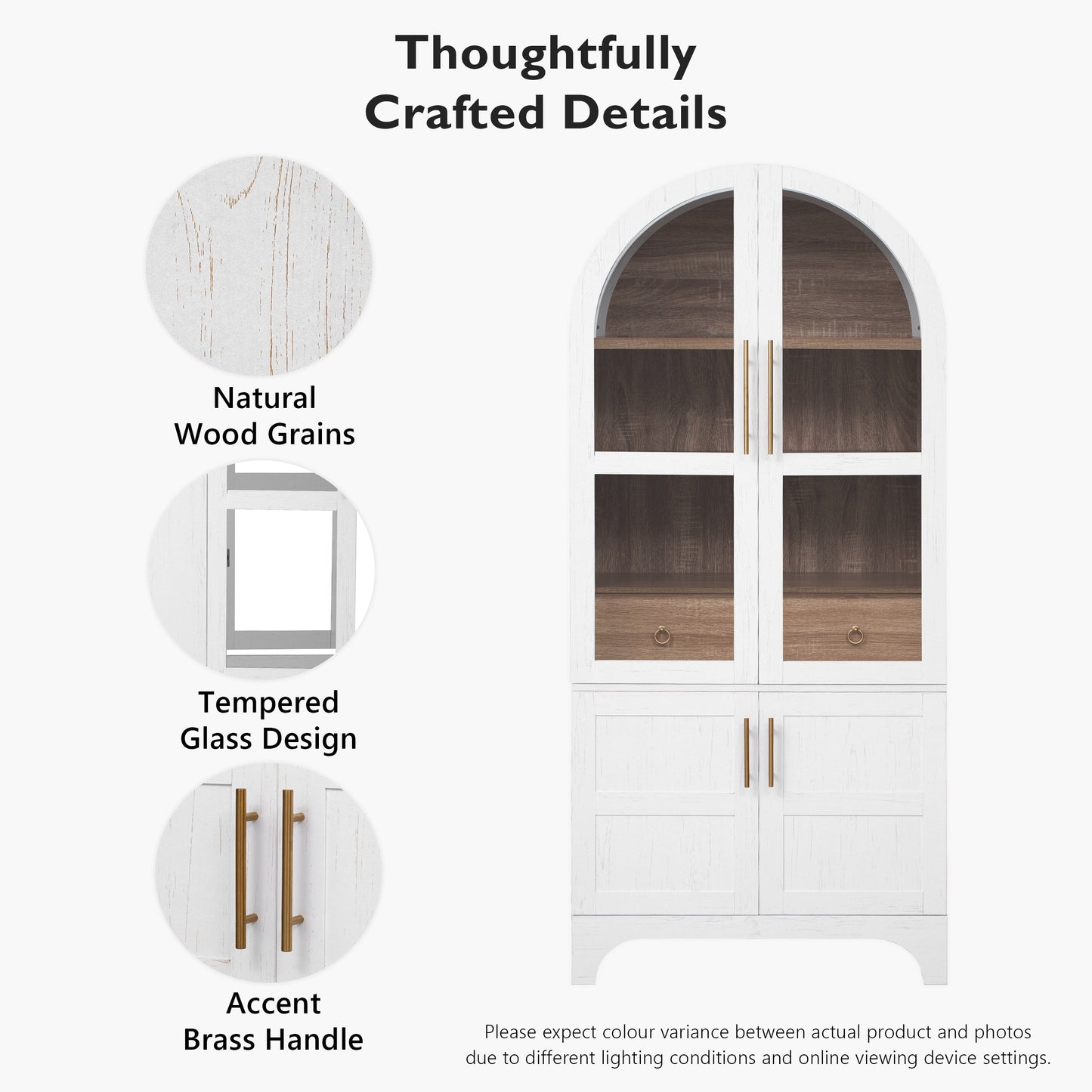 K&K 71  Tall Arched Kitchen Pantry Cabinet With Door Shelves, Farmhouse Kitchen Storage Cabinet With Open & Adjustable Shelves, Hidden Drawer & Glass Door, Cupboard For Kitchen, Dining Room, White