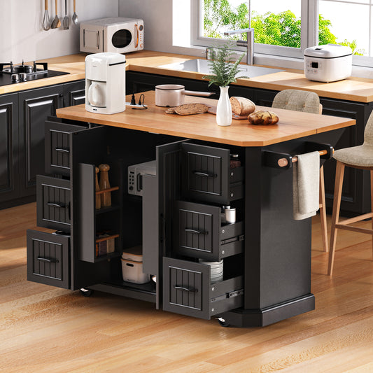K&K 56 Inch Kitchen Island With Rubber Wood Veneer Drop Leaf, Power Outlet, 4 Door Shelves, Embossed Vertical Stripe Rolling Kitchen Cart On 4 Wheels With 6 Deep Drawers For Kitchen, Dining Room,Black