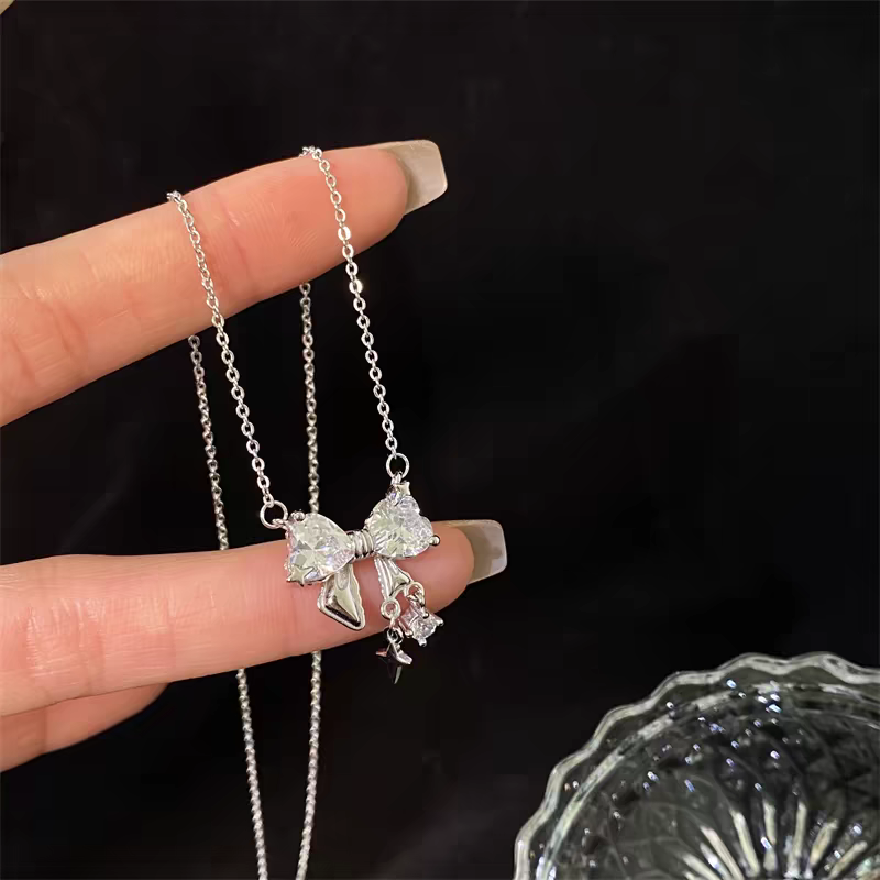 1pc 999 Sterling Silver Diamond-Encrusted Heart Bow Tassel Necklace, Sweet Minimalist Style, Perfect For Daily Wear & Valentine's Gifts