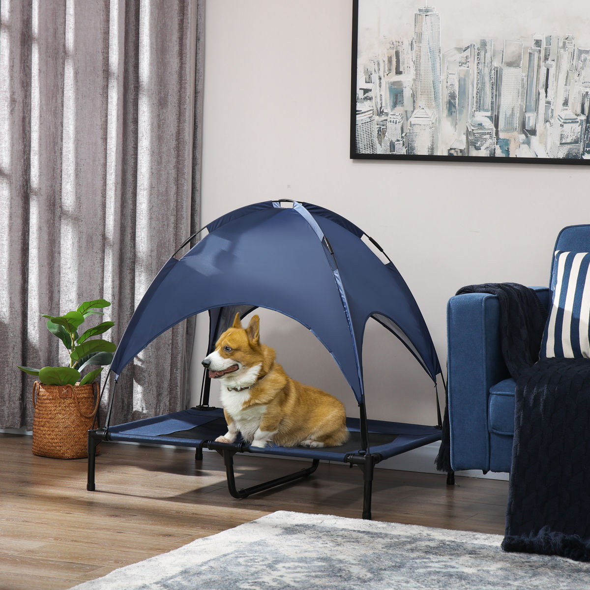 PawHut Raised Dog Bed Waterproof Elevated Pet Cot With Breathable Mesh UV Protection Canopy Blue, For Large Dogs, 92 X 76 X 90cm