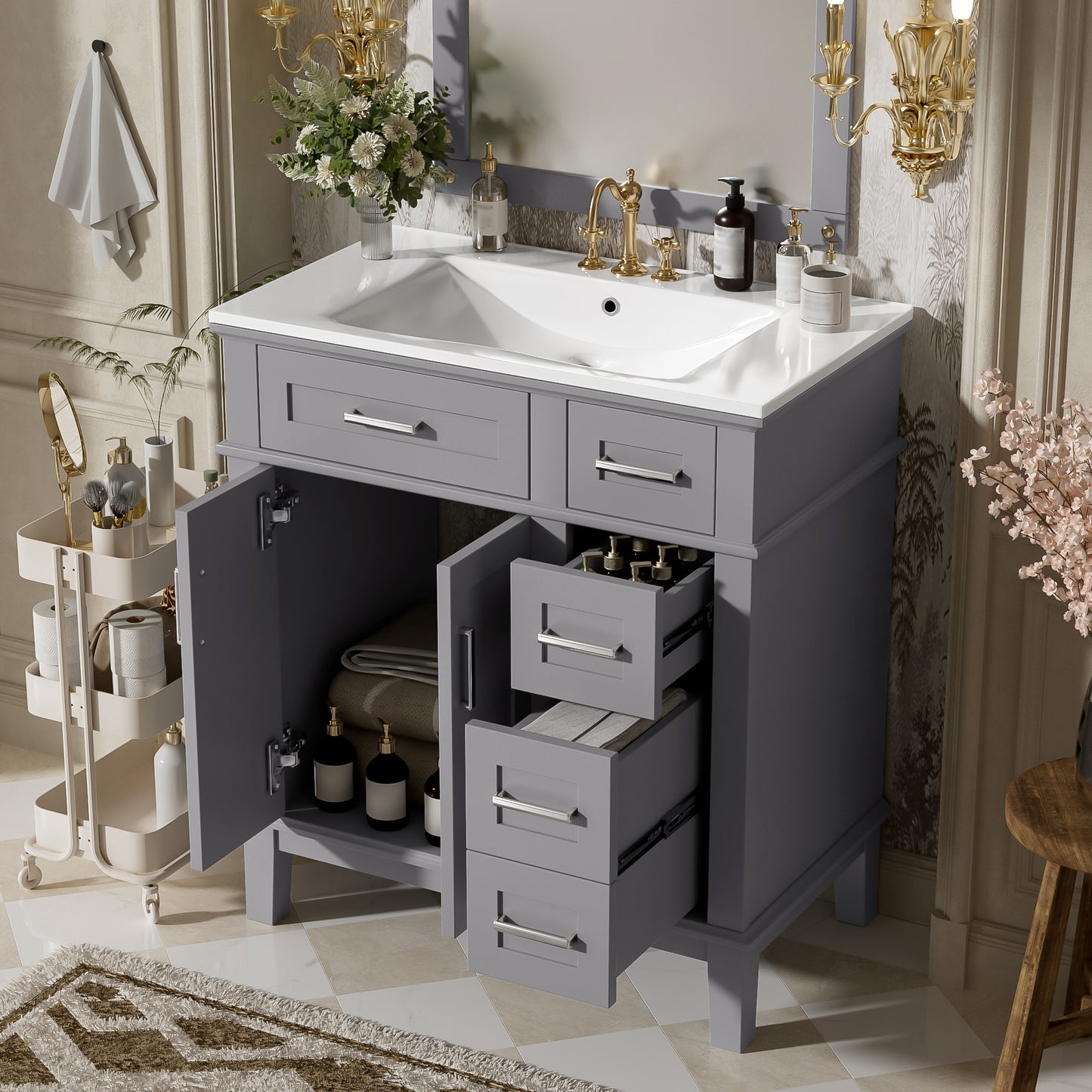 30  Bathroom Vanity With Ceramic Sink, Modern Storage Cabinet With Soft-Close Doors, Deep Drawer & Standard Drawer, Stylish Bath Vanity For Small Bathrooms