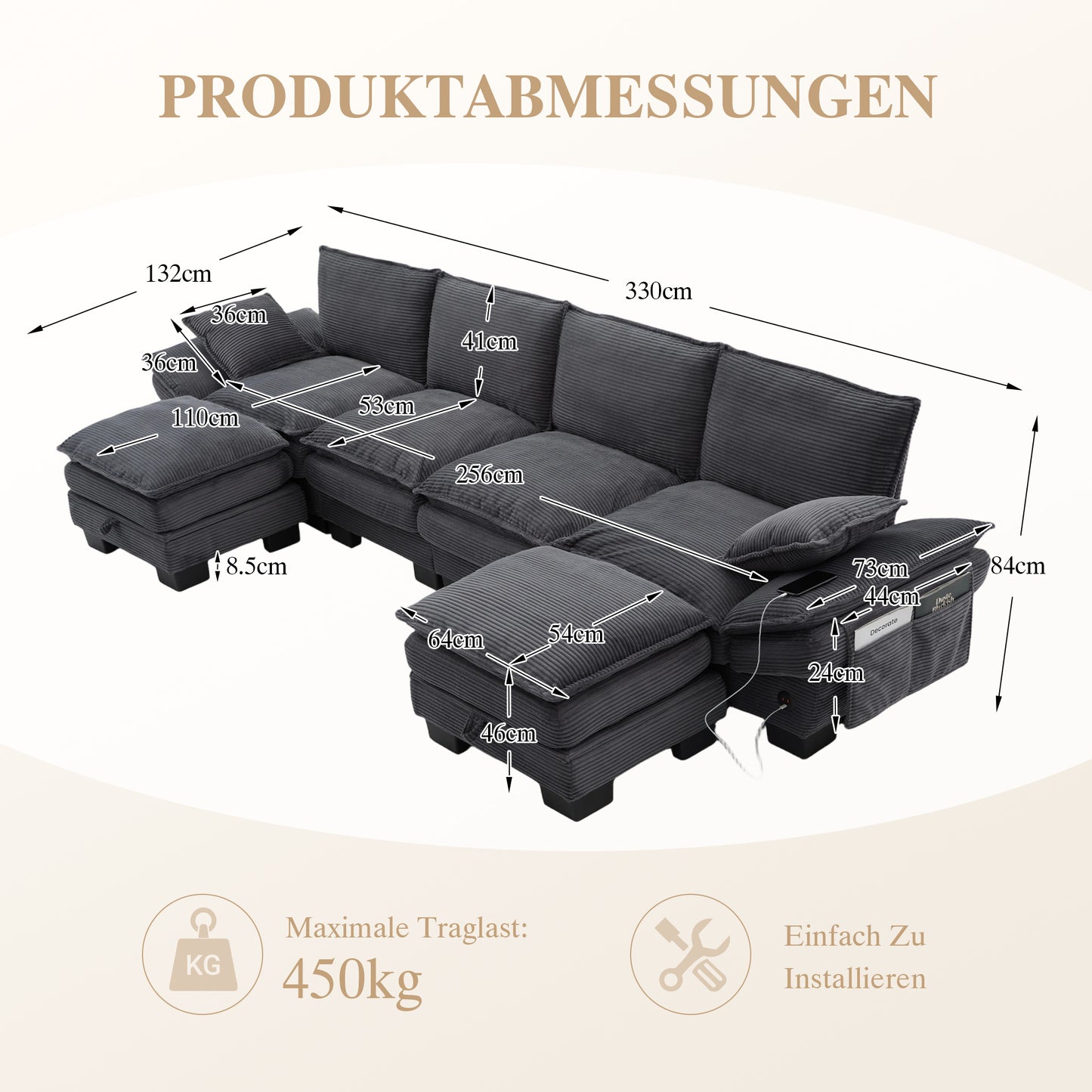 Modular 4-seater Corduroy Sofa  With 2 Stools Wide Seat, Ergonomic Design, High-density Foam Padding, USB-C Port And Side Pockets.Ideal For Living Room, Office Or Lounge.DarkGray