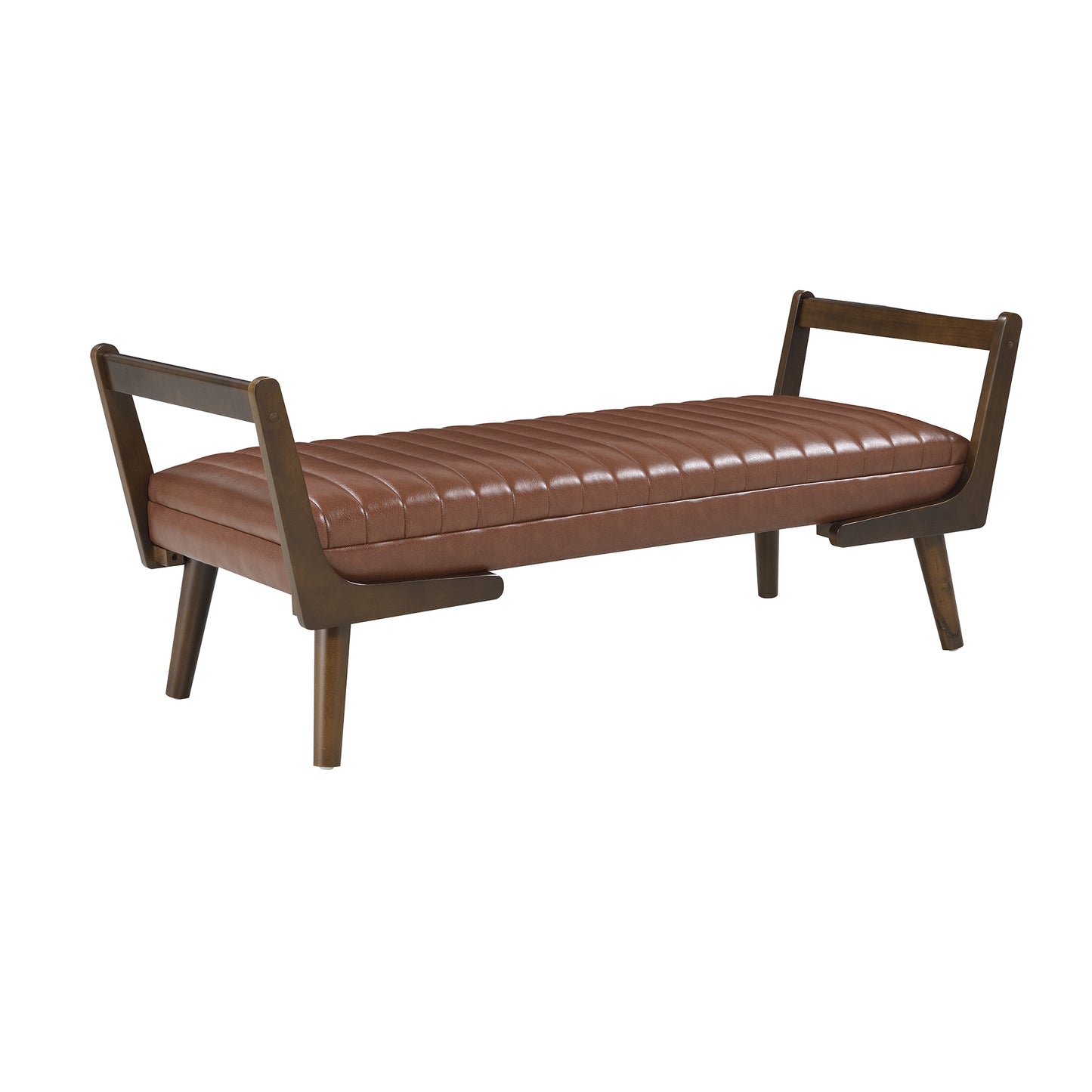52  Mid Century Bench With Walnut Wood Leg,Channeled Upholstered Footrest Stool For Kitchen, Living Room, Bedroom, Entryway, End Of Bed. PU Cognac, Light Brown