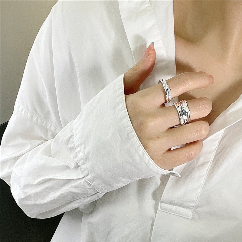 925 Sterling Silver Korean Style Irregular Stream Texture Ring, Textured Streamlined Design, INS Minimalist Fashion Statement Ring For Bloggers
