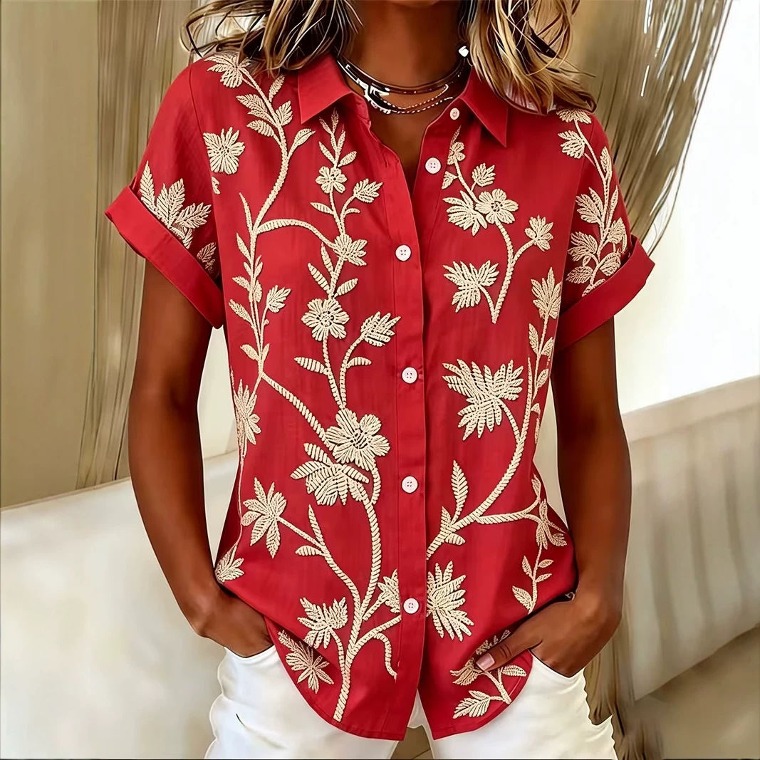 Womens Floral And Leafy Print Short-sleeve Topstylish Elegant And Exuding A Premium Vibe