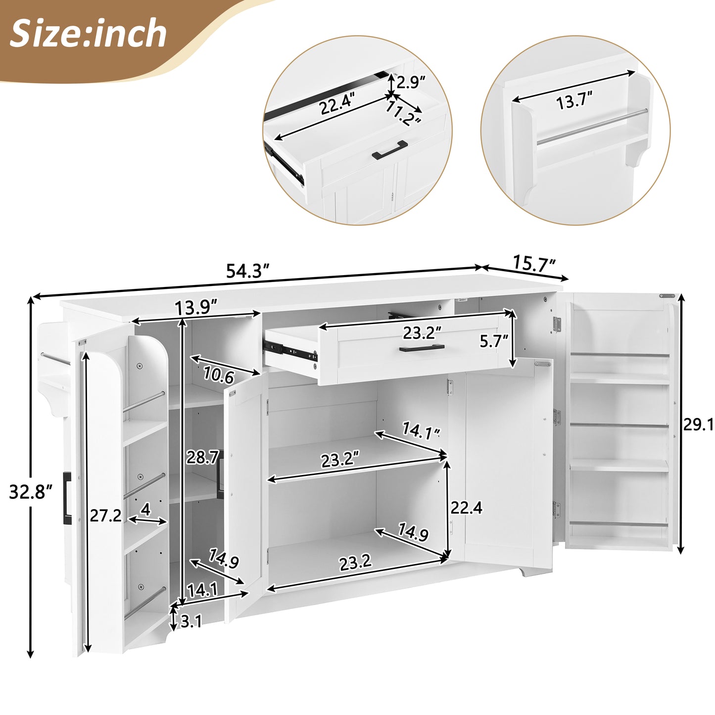 U-STYLE 54.3  Sideboard Buffet Cabinet With Storage  4 Doors & 1 Drawer  Melamine MDF Kitchen Storage With Adjustable Shelves  Aluminum Alloy Handles  Side Shelves & Hanging Rod For Dining Room