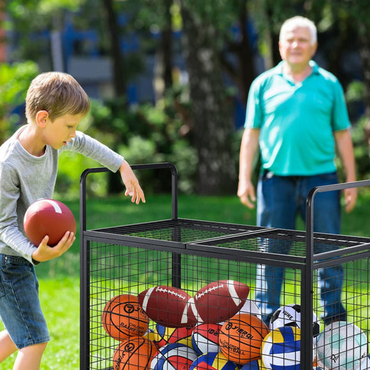 Rolling Sports Ball Storage Cart, Lockable Basketball Cage With Double Lids, Sport Equipment Holder Organizer For Indoor Outdoor, Steel Storage Rack For Garages, Playgroup, Gym And Schools