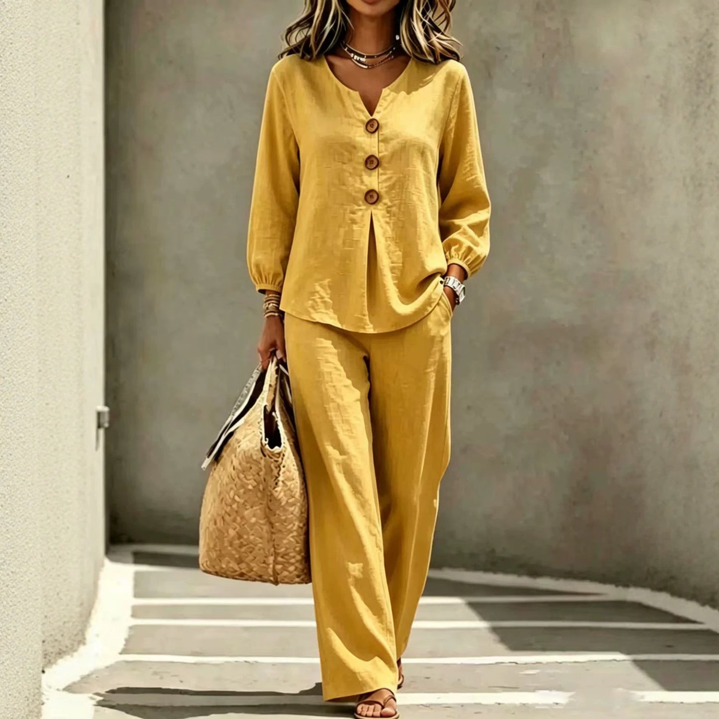 Women's New Casual Two-piece Top With V-neck Long Sleeved Pants