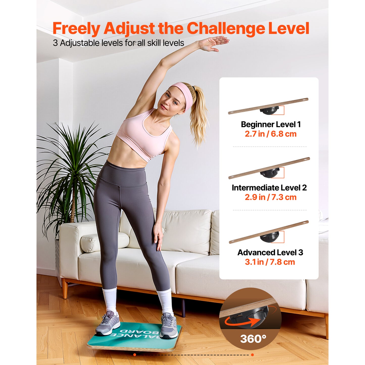 Balance Board, 360 Rotating Wobble Board Trainer For Adults 3-Level Adjustable, Wooden Balance Training Equipment, Slip-Resistant Surface For Core Workout, Standing Desk Exercise, Home Gym