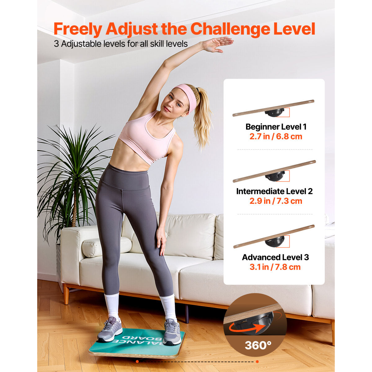 Balance Board, 360 Rotating Wobble Board Trainer For Adults 3-Level Adjustable, Wooden Balance Training Equipment, Slip-Resistant Surface For Core Workout, Standing Desk Exercise, Home Gym