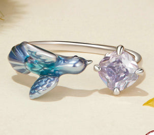 Gradient Kingfisher Petal Opening Smart Bird Sterling Silver Ring