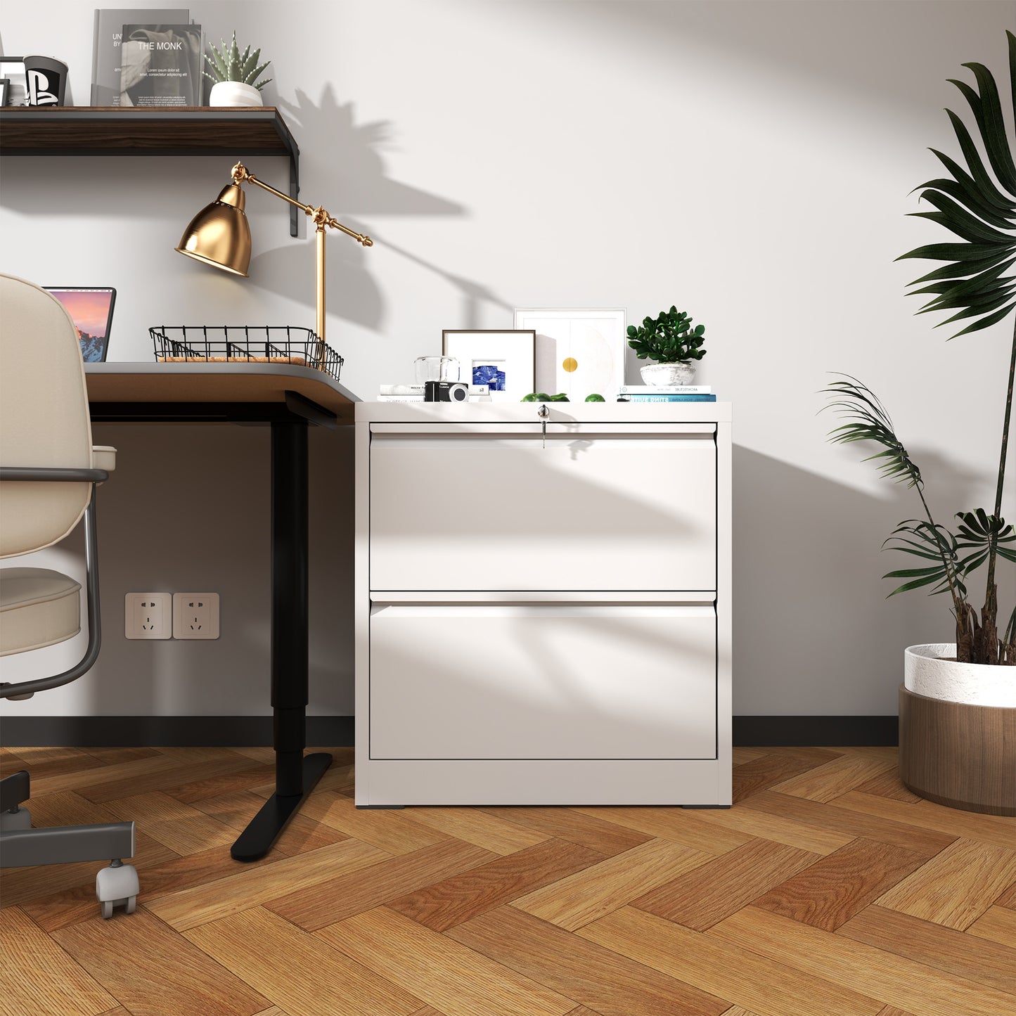 2 Drawer Lateral File Cabinet With Lock, Metal Lateral Filing Cabinet For Home Office, Steel Wide Horizontal Filing Cabinets For Letter Legal A4 F4 Hanging Files  White