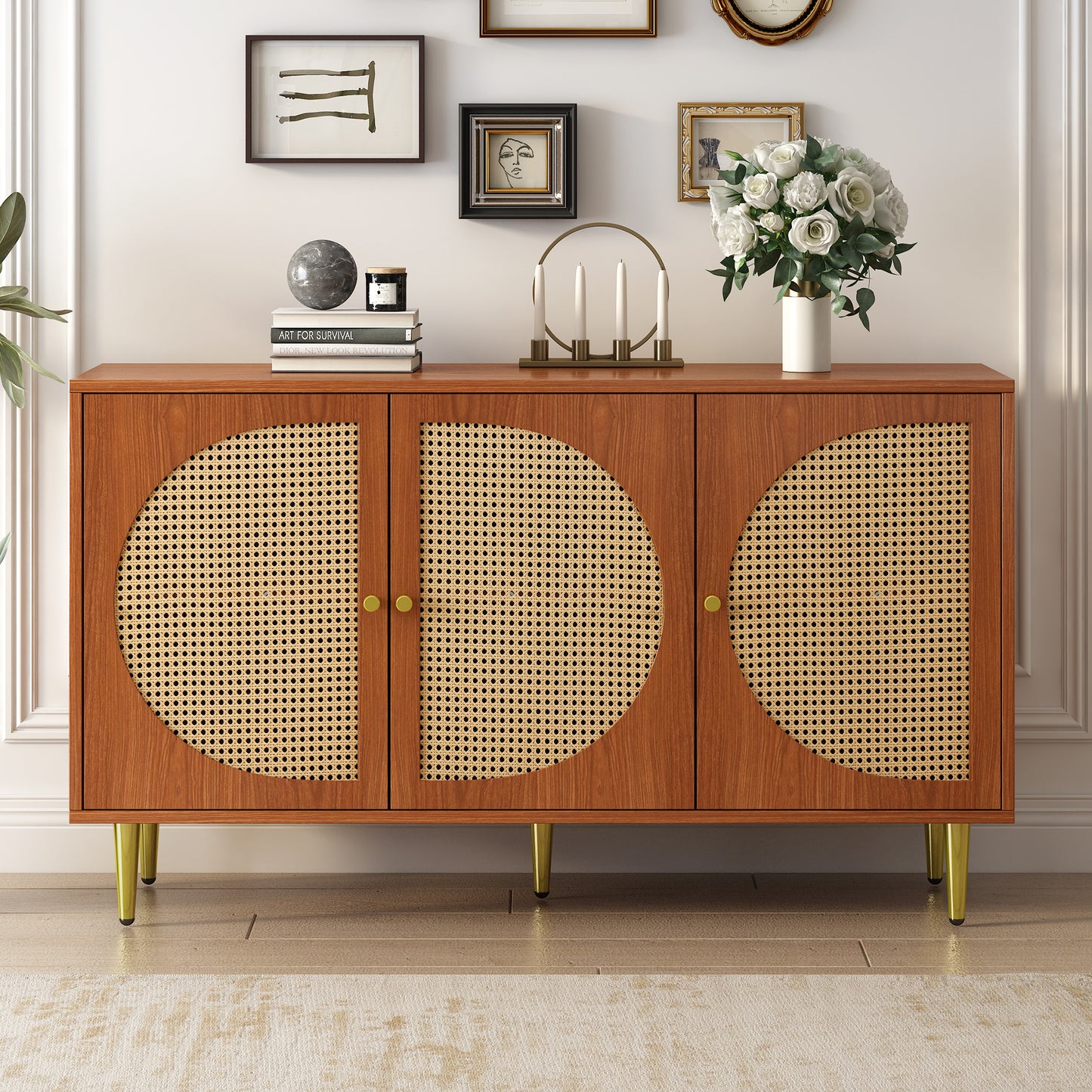 Sideboard With 3 Rattan Decorated Doors Chest Of Drawers Highboard With Metal Handles, For Bedroom & Living Rooms & Office, Walnut 129.8x 40x 76cm