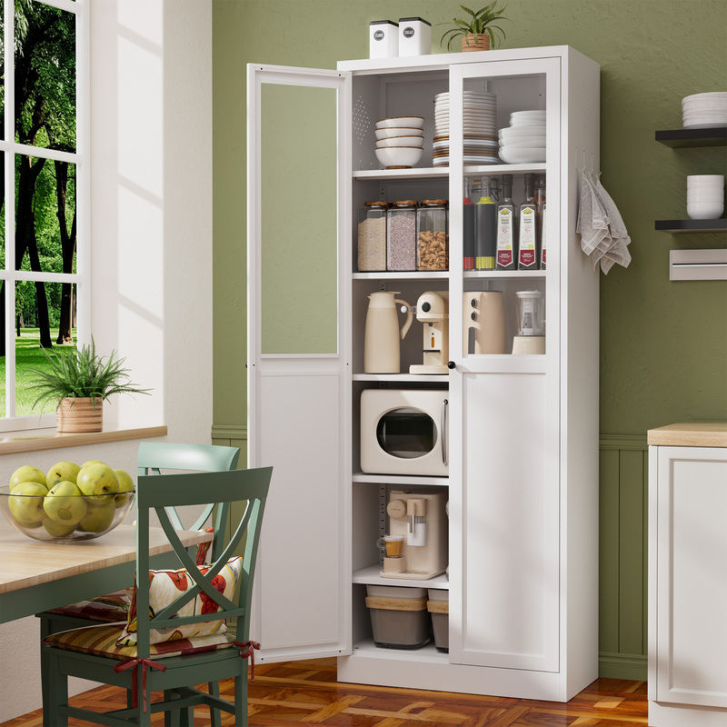 72in White Metal Pantry Cabinet W Doors & Shelves, Heavy-Duty Adjustable Storage Organizer, Tool-Free Freestanding For Living Room & Bathroom