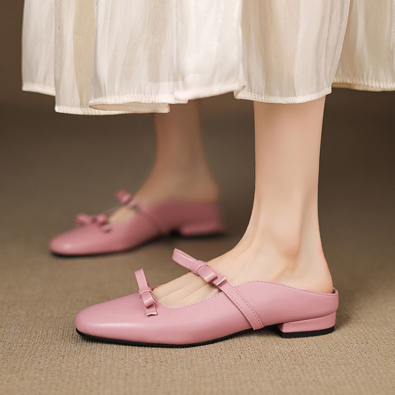 Flat-soled Bow-tied Large-size Square-toe Closed-toe Outdoor Shoes