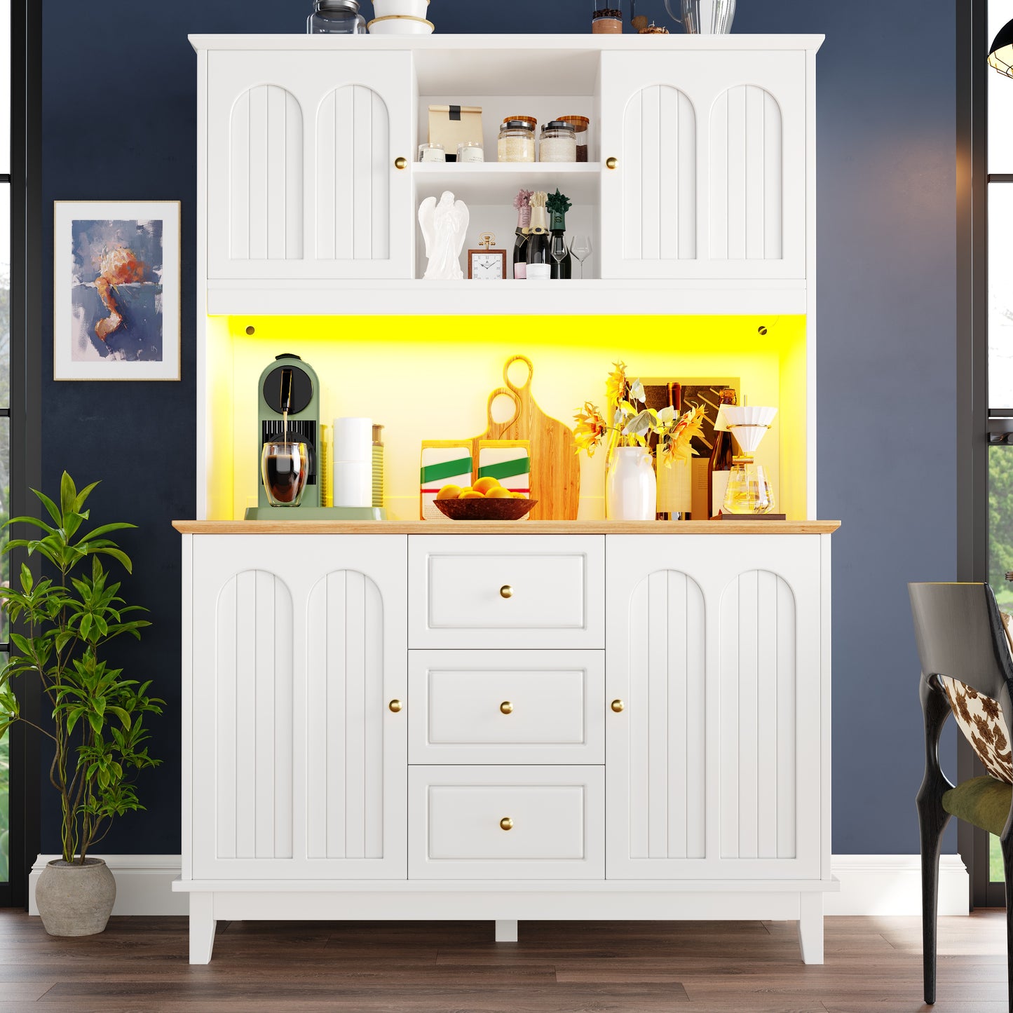 Pantry Cabinet With App Controlled LED Lights, 180cm Tall Kitchen Buffet Sideboard With 3 Drawers & Adjustable Shelves, Freestanding Storage Hutch For Dining Room & Kitchen