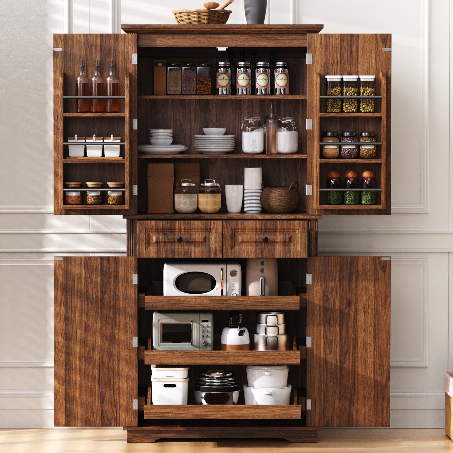 K&K 71   Tall Kitchen Pantry Cabinet With 3 Pull Out Cabinet Organizers, Farmhouse Embossed Texture Storage Cabinet With 6 Door Shelves, 2 Drawers, Freestanding Cupboard For Kitchen, Dining Room Brown