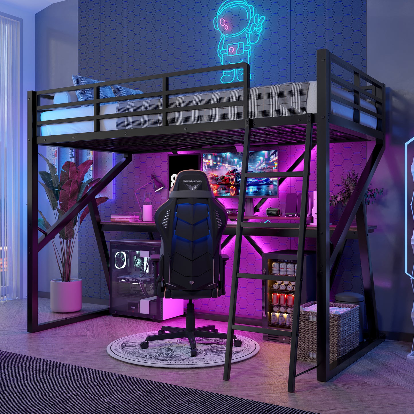 Loft Bed, 90 X 200cm, Iron Frame, LED Strip, Railing, Stairs, Desk, Without Mattress, Black